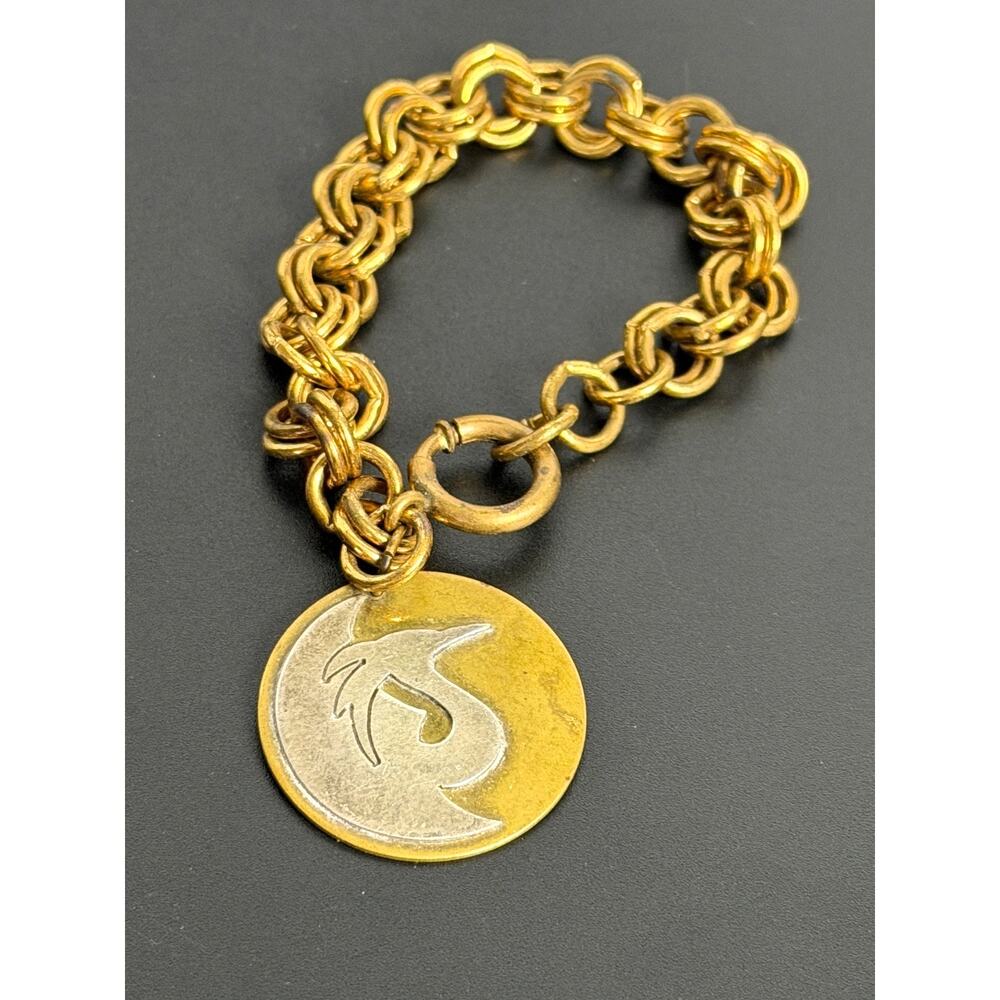 Vintage Gold Tone Double Link Charm Bracelet Two Tone bird Medallion 6"